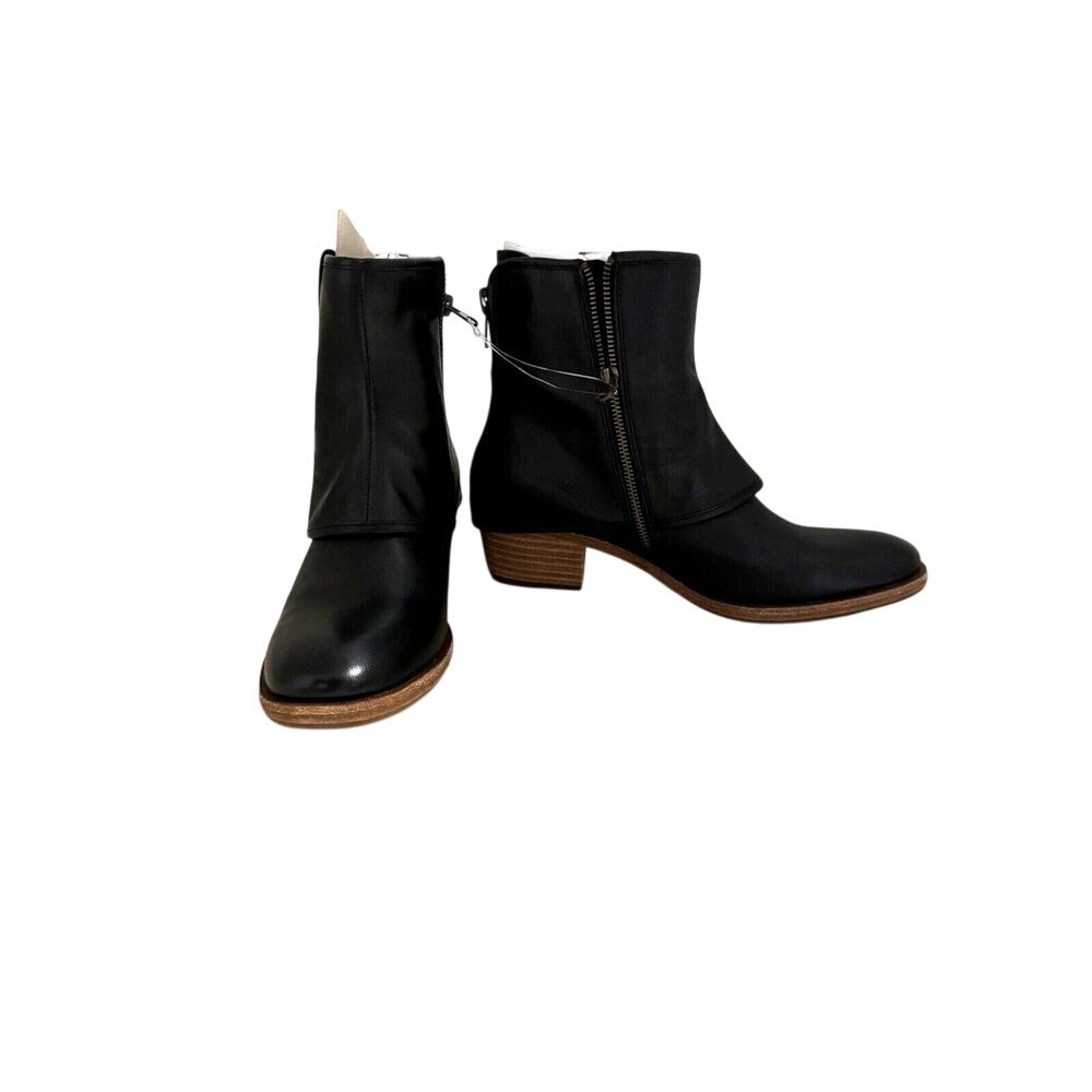 Kork-Ease Ankle Boots 9.5 Black Leather Fold Over Stacked Block Heel Booties